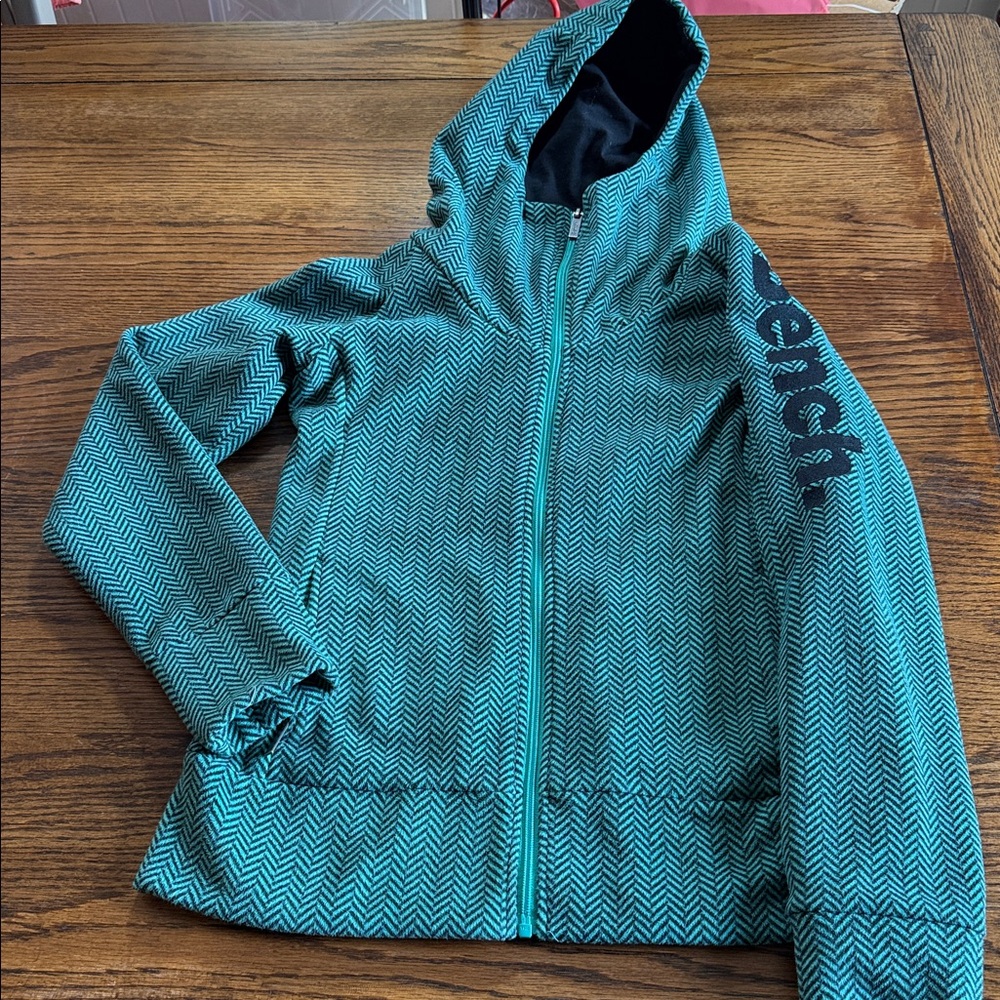 Y2K Streetwear Bench Logo Zip Hoodie Teal Herringbone Skate Jacket